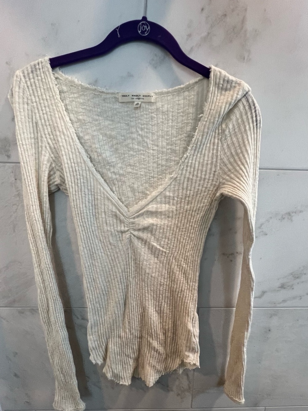 Ribbed Ruched V-Neck Long Sleeve Top - Cream